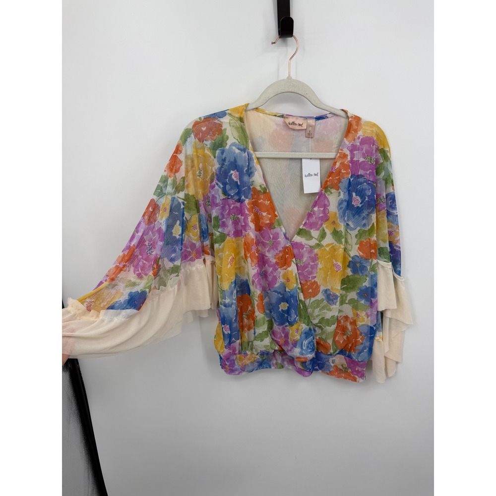 Buckle Willow + Root Floral Mesh Blouse Women L Multi Surplice Bell Sleeve